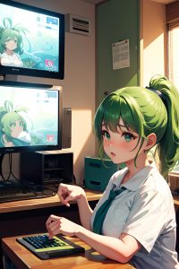 anime,chubby,small tits,60s age,sad face,green hair,ponytail hair style,light skin,vintage,underwater,front view,gaming,schoolgirl