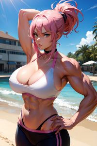 anime,muscular,huge boobs,18 age,serious face,pink hair,ponytail hair style,light skin,vintage,train,front view,yoga,bikini