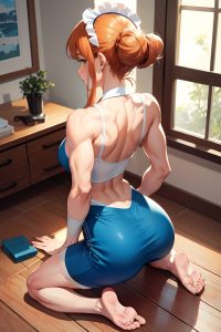anime,muscular,small tits,60s age,sad face,ginger,hair bun hair style,light skin,watercolor,hospital,back view,bending over,maid