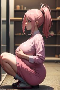 anime,pregnant,small tits,18 age,angry face,pink hair,slicked hair style,dark skin,soft + warm,prison,side view,squatting,latex