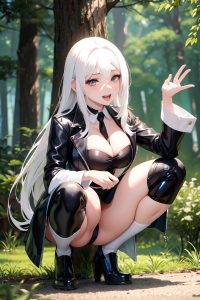 anime,busty,small tits,40s age,ahegao face,white hair,straight hair style,light skin,comic,forest,front view,squatting,latex