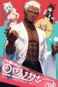 anime,muscular,small tits,60s age,happy face,white hair,slicked hair style,dark skin,warm anime,strip club,front view,t-pose,bathrobe