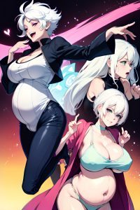 anime,pregnant,huge boobs,80s age,laughing face,white hair,pixie hair style,light skin,crisp anime,oasis,side view,jumping,goth