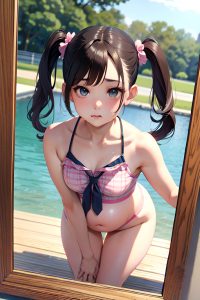 anime,pregnant,small tits,20s age,pouting lips face,brunette,pigtails hair style,light skin,mirror selfie,lake,close-up view,bending over,schoolgirl