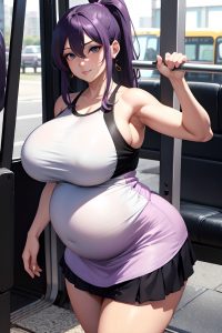 anime,pregnant,huge boobs,70s age,seductive face,purple hair,ponytail hair style,light skin,black and white,bus,front view,working out,mini skirt