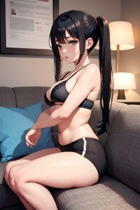 anime,busty,small tits,40s age,shocked face,black hair,pigtails hair style,light skin,soft + warm,couch,side view,yoga,bra
