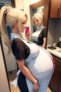 anime,pregnant,small tits,20s age,laughing face,blonde,ponytail hair style,dark skin,mirror selfie,kitchen,side view,on back,maid