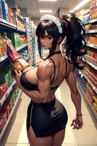 anime,muscular,huge boobs,50s age,angry face,black hair,messy hair style,dark skin,cyberpunk,grocery,back view,gaming,maid