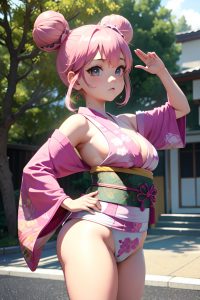 anime,chubby,small tits,80s age,serious face,pink hair,hair bun hair style,light skin,3d,stage,front view,yoga,kimono