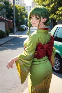 anime,chubby,small tits,40s age,happy face,green hair,braided hair style,light skin,film photo,car,back view,working out,kimono