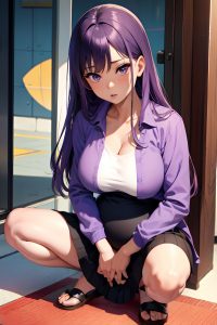 anime,pregnant,small tits,80s age,shocked face,purple hair,bangs hair style,dark skin,warm anime,casino,front view,squatting,schoolgirl