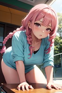 anime,chubby,small tits,70s age,serious face,pink hair,braided hair style,dark skin,soft anime,bus,close-up view,bending over,teacher