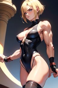 anime,muscular,small tits,20s age,serious face,blonde,pixie hair style,light skin,film photo,prison,close-up view,jumping,stockings