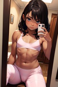 anime,muscular,small tits,18 age,pouting lips face,brunette,pixie hair style,dark skin,mirror selfie,cafe,close-up view,spreading legs,pajamas