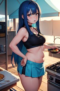 anime,chubby,small tits,70s age,angry face,blue hair,straight hair style,light skin,cyberpunk,tent,front view,cooking,mini skirt