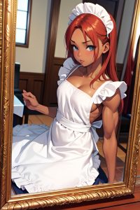 anime,muscular,small tits,40s age,pouting lips face,ginger,straight hair style,dark skin,mirror selfie,church,close-up view,jumping,maid