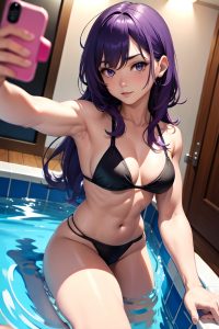 anime,muscular,small tits,80s age,seductive face,purple hair,messy hair style,light skin,mirror selfie,hot tub,front view,straddling,teacher