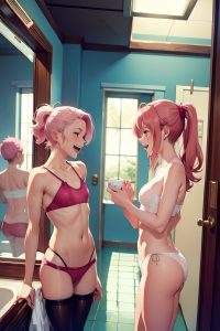 anime,skinny,small tits,18 age,laughing face,pink hair,slicked hair style,light skin,vintage,changing room,side view,bathing,stockings