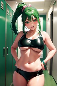 anime,chubby,small tits,80s age,happy face,green hair,ponytail hair style,dark skin,crisp anime,locker room,front view,massage,latex