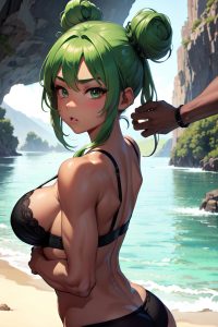 anime,muscular,small tits,80s age,pouting lips face,green hair,hair bun hair style,dark skin,charcoal,cave,back view,massage,bra