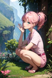 anime,busty,small tits,70s age,happy face,pink hair,pixie hair style,light skin,mirror selfie,jungle,side view,squatting,nurse