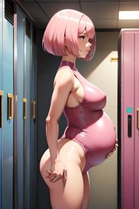 anime,pregnant,small tits,70s age,serious face,pink hair,bobcut hair style,light skin,skin detail (beta),locker room,side view,jumping,latex