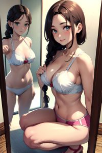 anime,busty,small tits,70s age,happy face,brunette,braided hair style,light skin,mirror selfie,lake,side view,squatting,bra