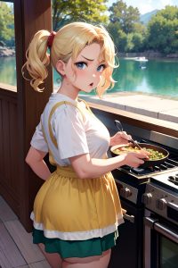 anime,chubby,small tits,40s age,angry face,blonde,pixie hair style,dark skin,vintage,lake,side view,cooking,mini skirt