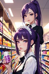 anime,skinny,small tits,20s age,pouting lips face,purple hair,ponytail hair style,light skin,comic,grocery,front view,massage,maid