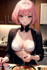 anime,busty,small tits,60s age,sad face,pink hair,bobcut hair style,light skin,soft + warm,bar,close-up view,cooking,goth