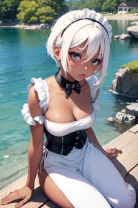 anime,busty,small tits,30s age,pouting lips face,white hair,pixie hair style,dark skin,crisp anime,lake,front view,straddling,maid