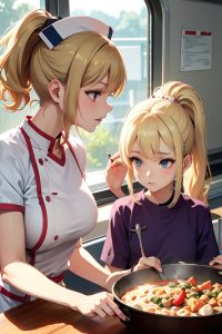 anime,skinny,small tits,60s age,seductive face,blonde,ponytail hair style,light skin,illustration,train,close-up view,cooking,nurse
