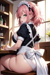 anime,chubby,small tits,40s age,shocked face,pink hair,messy hair style,light skin,vintage,bar,back view,spreading legs,maid
