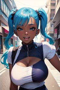 anime,skinny,huge boobs,80s age,laughing face,blue hair,pigtails hair style,dark skin,charcoal,street,front view,cumshot,nurse