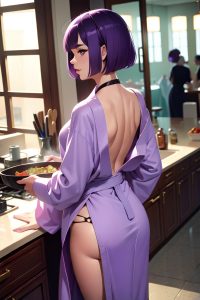 anime,skinny,small tits,30s age,seductive face,purple hair,bobcut hair style,light skin,vintage,casino,back view,cooking,bathrobe