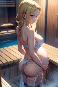 anime,pregnant,small tits,20s age,sad face,blonde,slicked hair style,light skin,film photo,sauna,back view,t-pose,fishnet