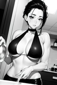 anime,skinny,huge boobs,60s age,seductive face,ginger,slicked hair style,light skin,black and white,bathroom,close-up view,cooking,bikini