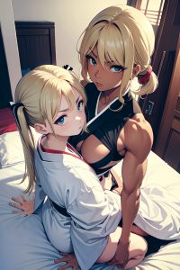 anime,muscular,small tits,60s age,serious face,blonde,pigtails hair style,dark skin,black and white,bedroom,front view,massage,kimono