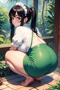 anime,pregnant,huge boobs,60s age,sad face,black hair,pigtails hair style,light skin,watercolor,jungle,back view,squatting,maid