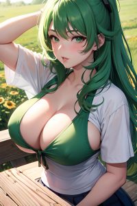anime,busty,huge boobs,40s age,pouting lips face,green hair,messy hair style,light skin,watercolor,meadow,front view,on back,schoolgirl