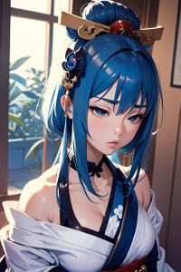 anime,muscular,small tits,60s age,serious face,blue hair,straight hair style,light skin,black and white,oasis,close-up view,sleeping,geisha