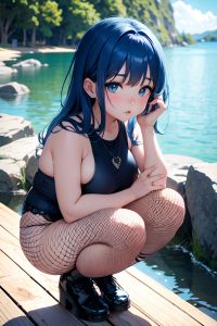 anime,chubby,small tits,18 age,pouting lips face,blue hair,straight hair style,light skin,dark fantasy,lake,front view,squatting,fishnet