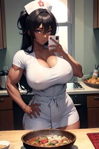 anime,muscular,huge boobs,30s age,orgasm face,black hair,messy hair style,dark skin,mirror selfie,moon,front view,cooking,nurse