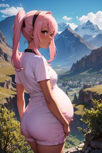 anime,pregnant,small tits,60s age,sad face,pink hair,pigtails hair style,dark skin,warm anime,mountains,back view,t-pose,nurse