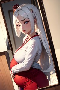 anime,pregnant,small tits,70s age,ahegao face,white hair,slicked hair style,light skin,mirror selfie,desert,close-up view,gaming,geisha