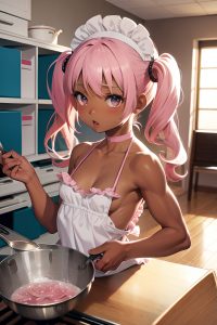 anime,muscular,small tits,20s age,shocked face,pink hair,pigtails hair style,dark skin,illustration,changing room,front view,cooking,maid