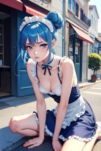 anime,skinny,small tits,80s age,sad face,blue hair,hair bun hair style,light skin,watercolor,street,side view,straddling,maid