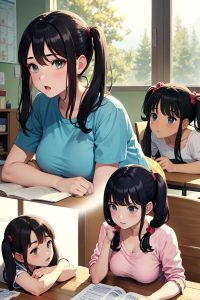 anime,pregnant,small tits,70s age,shocked face,black hair,pigtails hair style,light skin,soft + warm,lake,front view,working out,teacher