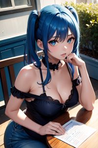 anime,pregnant,small tits,18 age,seductive face,blue hair,pigtails hair style,dark skin,film photo,cafe,close-up view,straddling,goth