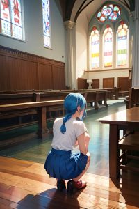 anime,skinny,small tits,50s age,laughing face,blue hair,braided hair style,light skin,vintage,church,back view,squatting,mini skirt